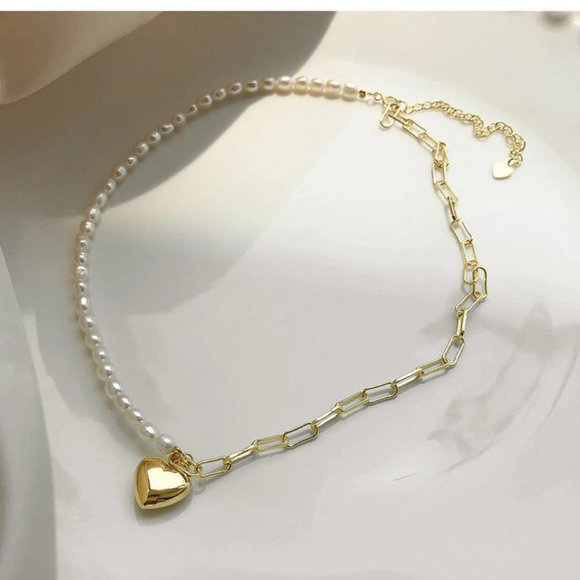 NEW Yellow Gold Pearl Heart Link Chain Necklace - Picture 7 of 8